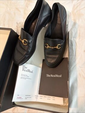 Gucci Black Leather Loafers with Gold Horsebit SZ 36